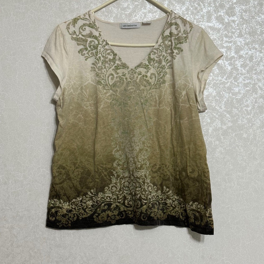 Liz Claiborne V-neck Tee T Shirt Green Beige Ombre Floral Print 100% Cotton XL